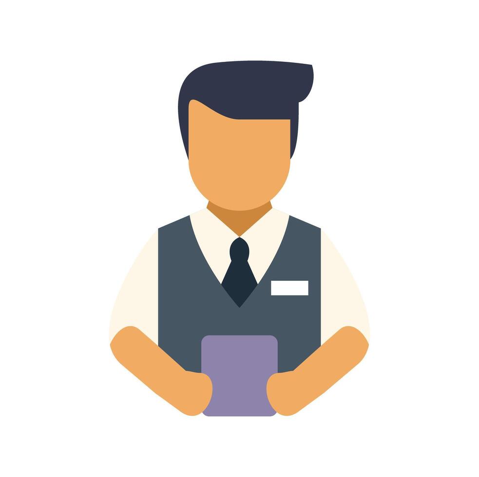 Shop assistant holding tablet wearing uniform and tie vector
