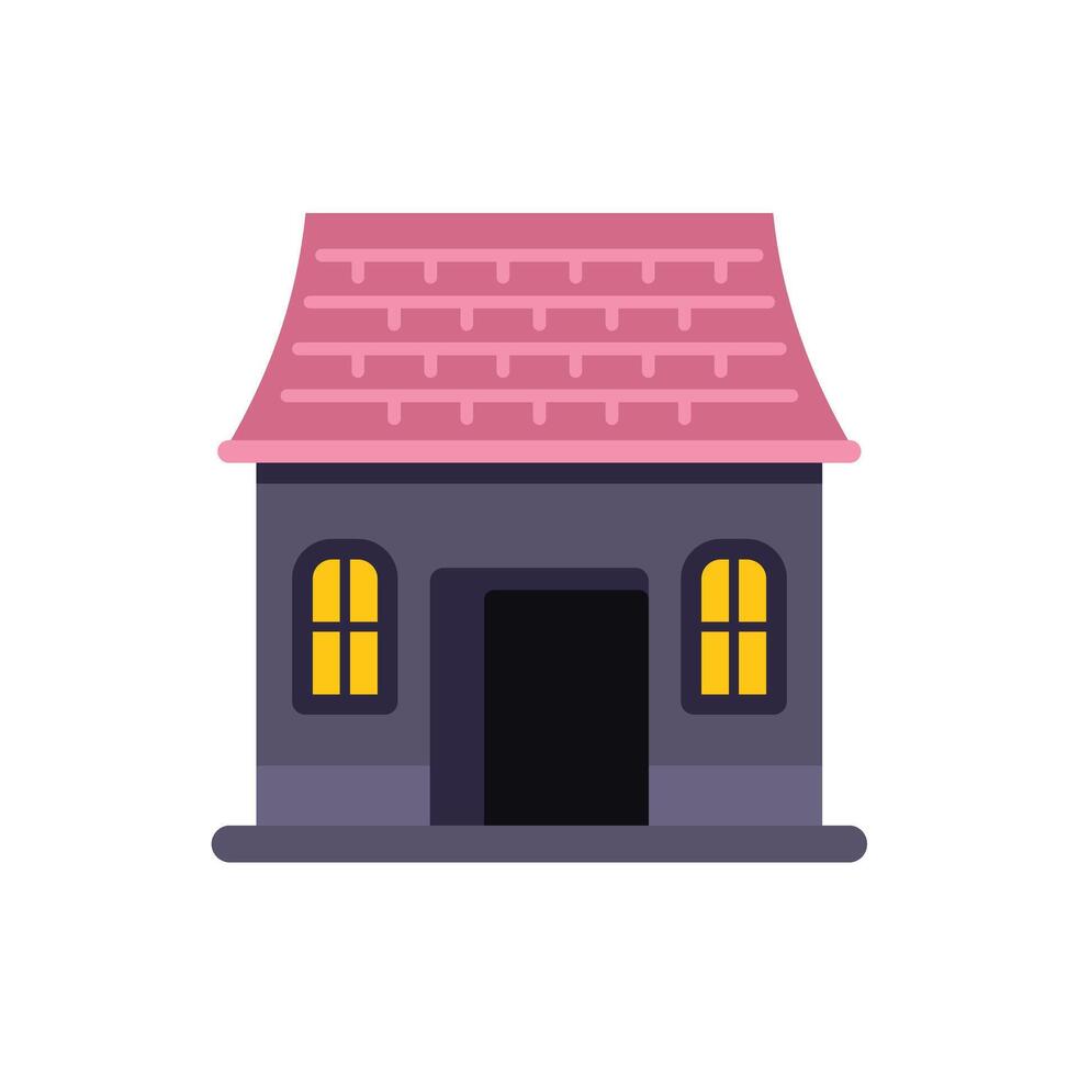 Small stone house with pink tiled roof and illuminated windows at night vector