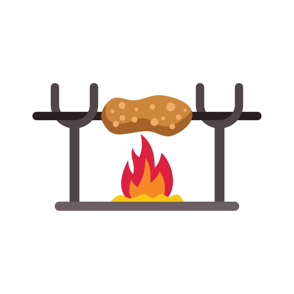 Sausage grilling on a spit over fire, rotating on a skewer vector
