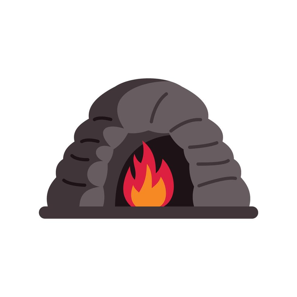 Stone age igloo shaped cave dwelling with burning fire inside vector