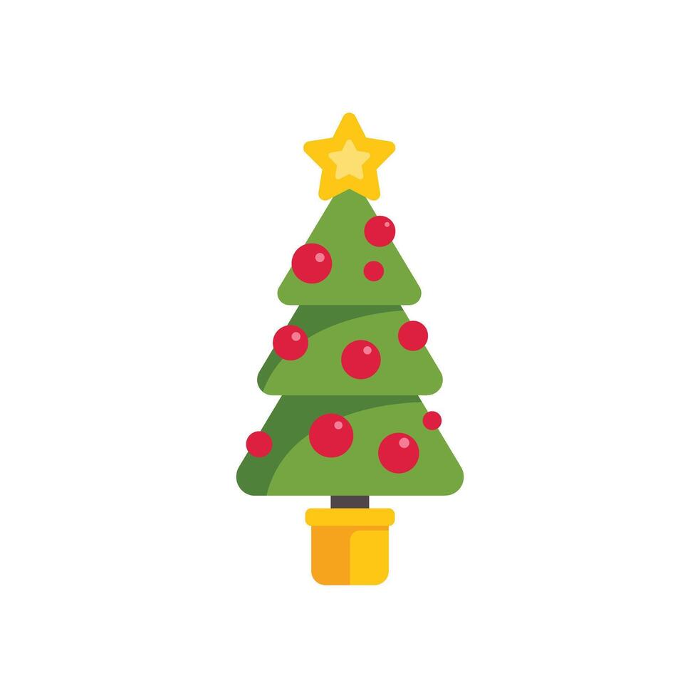 Christmas tree decorated with red balls and a gold star topper vector