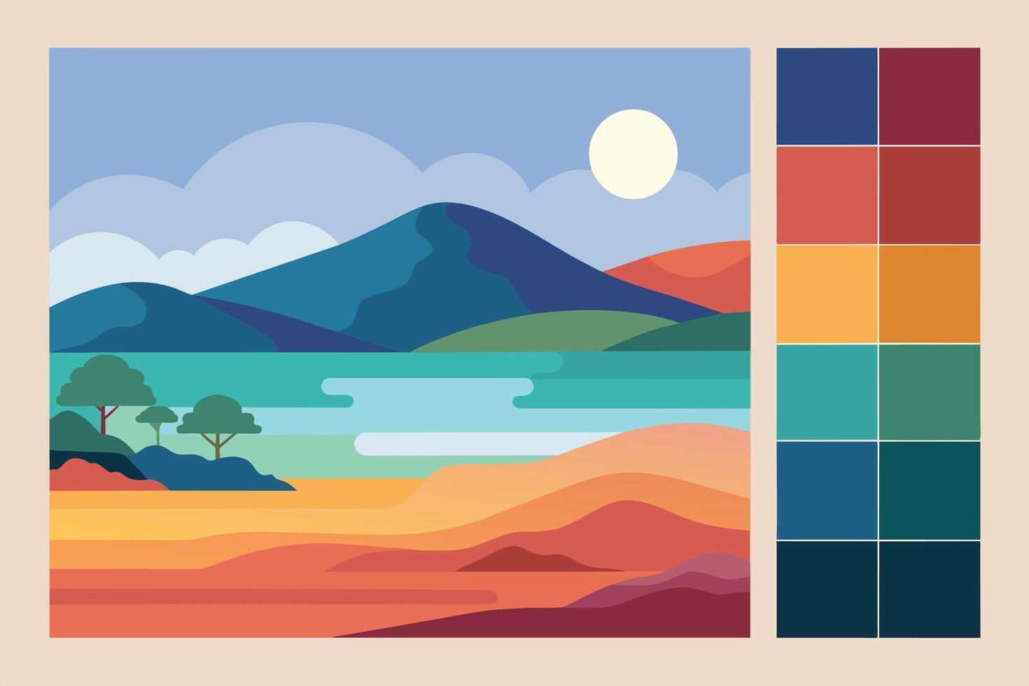 Color palette for landscape with mountains and trees vector