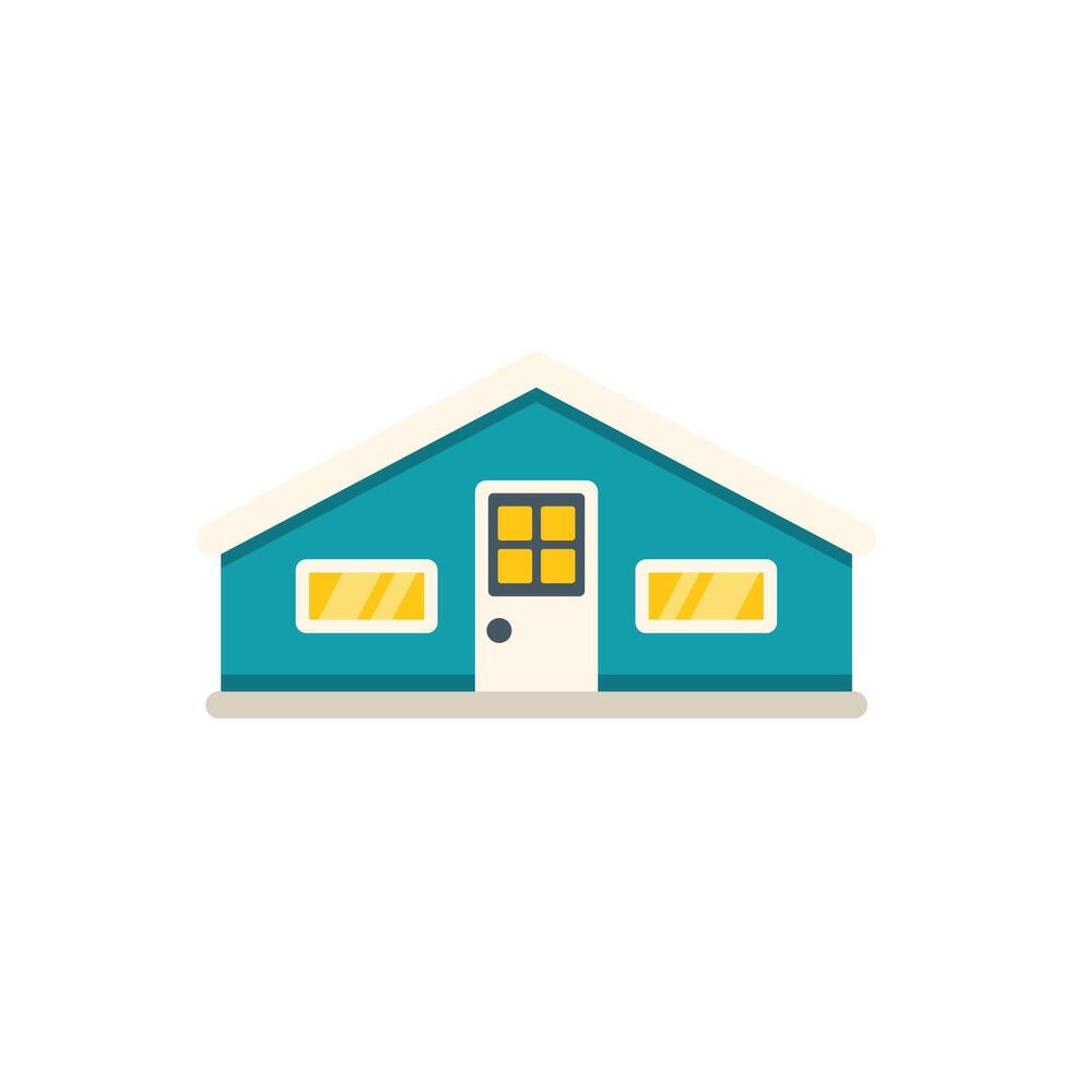 Small detached turquoise house with gabled roof and illuminated windows vector