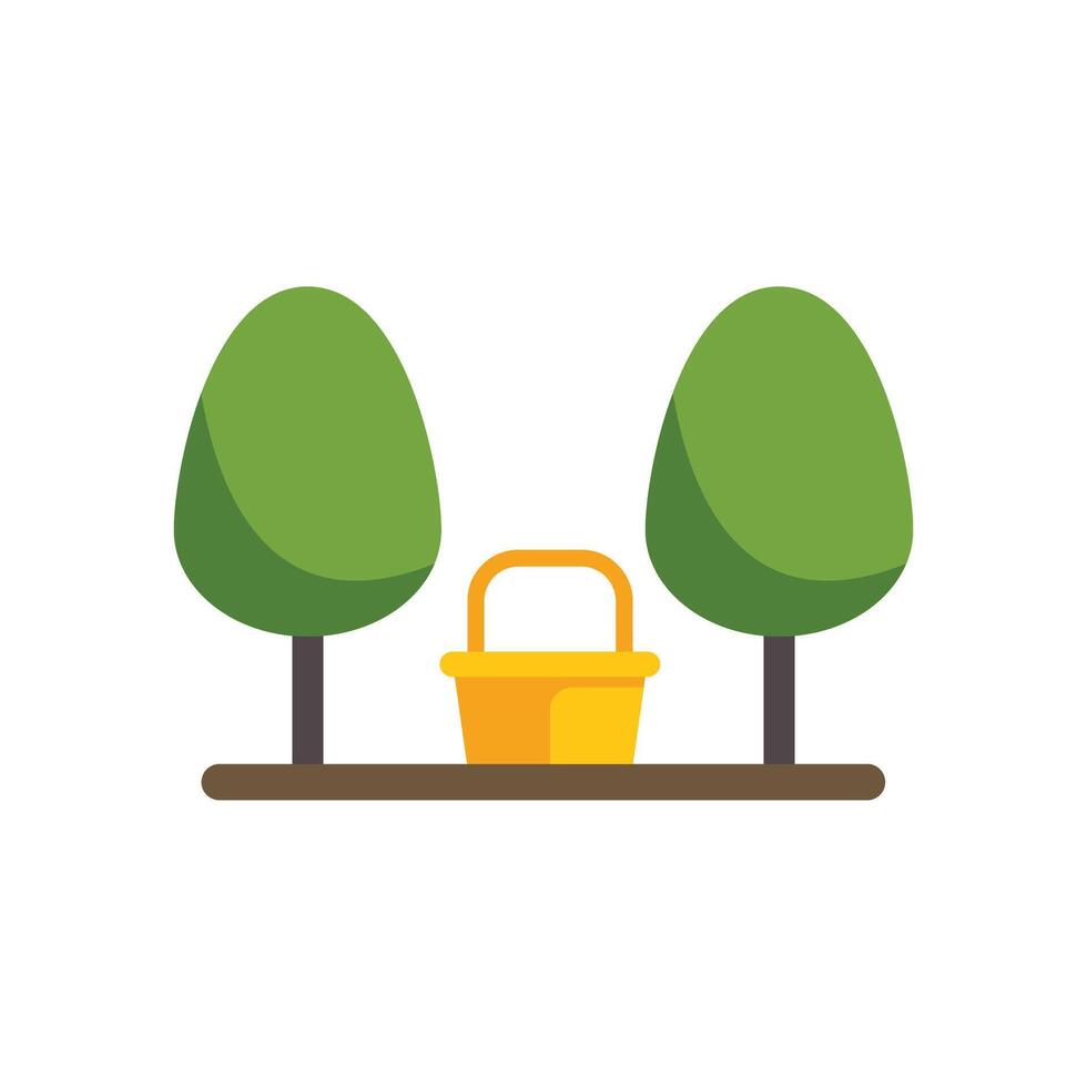 Picnic basket resting between two trees in a park, symbolizing outdoor relaxation vector