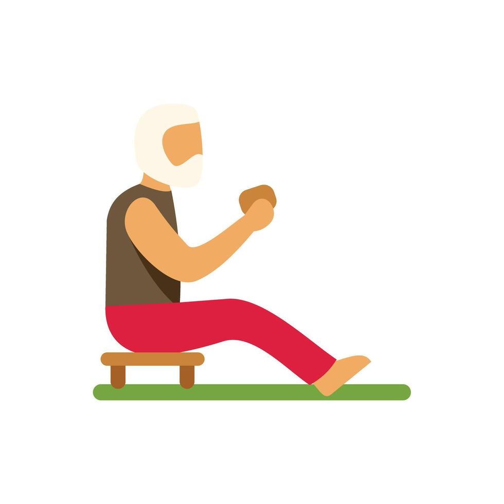 Elderly man eating burger sitting on small bench vector