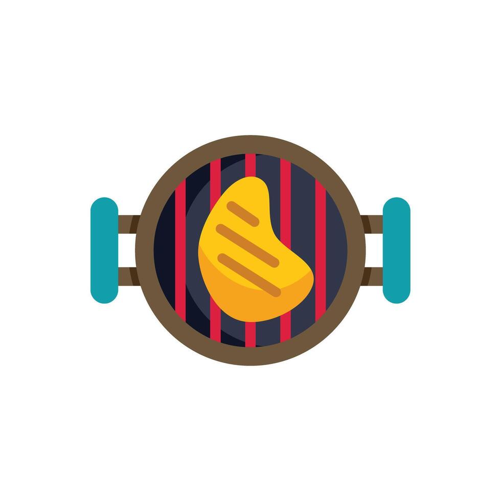 Grilled steak cooking on round portable grill with handles vector