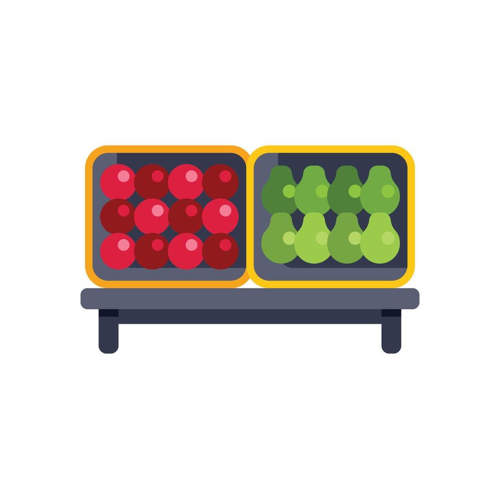 Fresh produce displaying apples and avocados in crates at local market vector