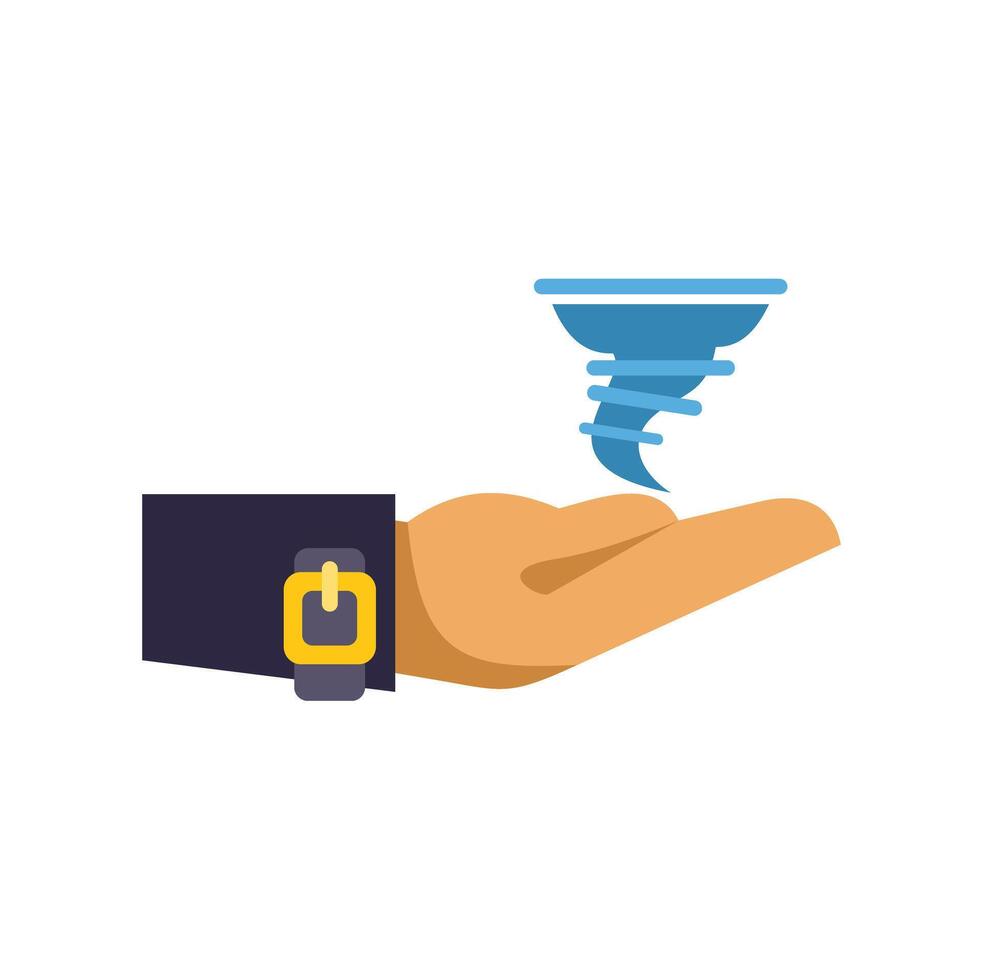 Businessman holding tornado in hand symbolizing power and control over nature vector