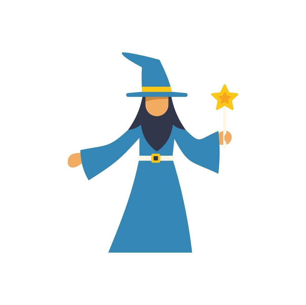 Wizard holding magic wand and wearing blue robe and hat vector