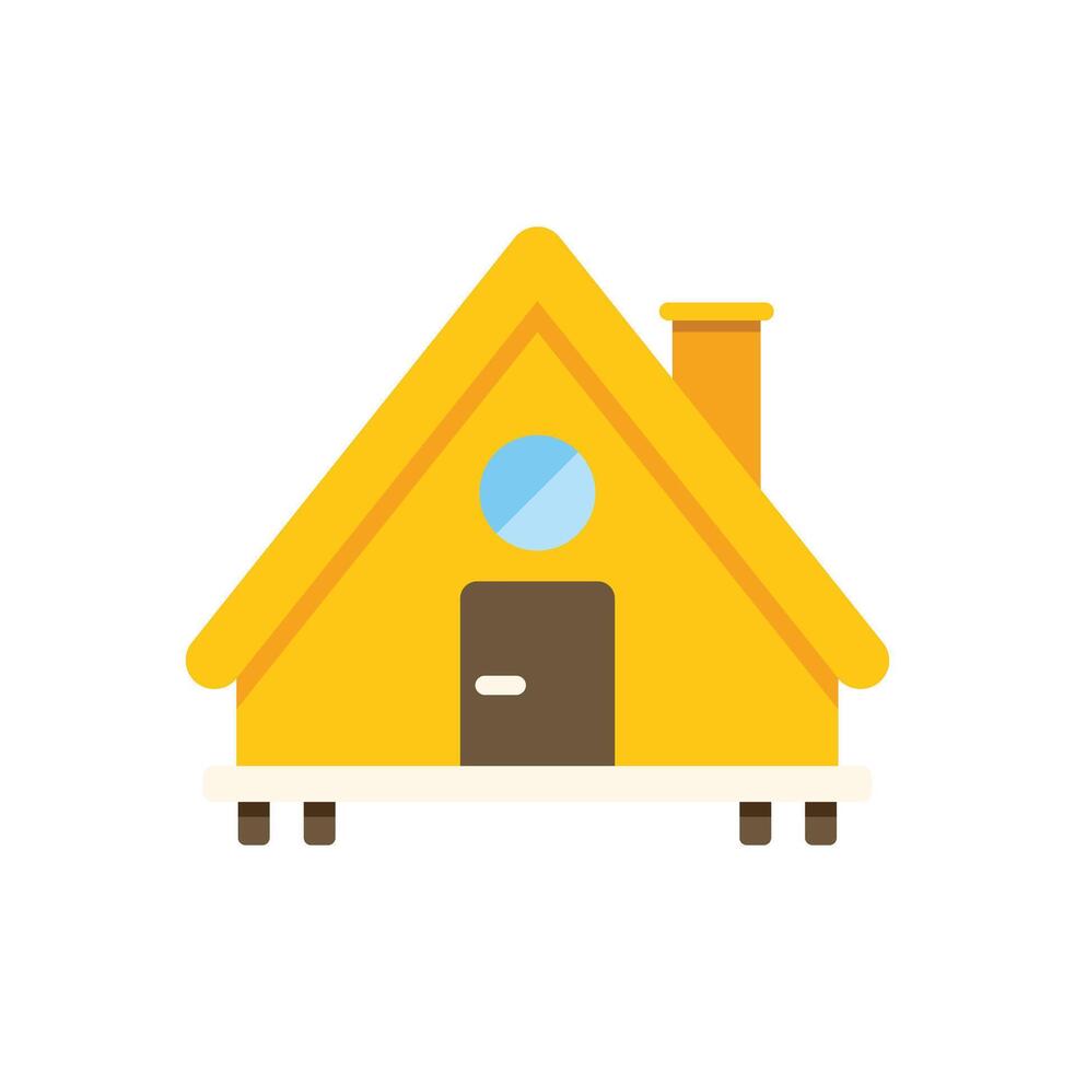 Yellow wooden house with chimney and round window standing on platform vector