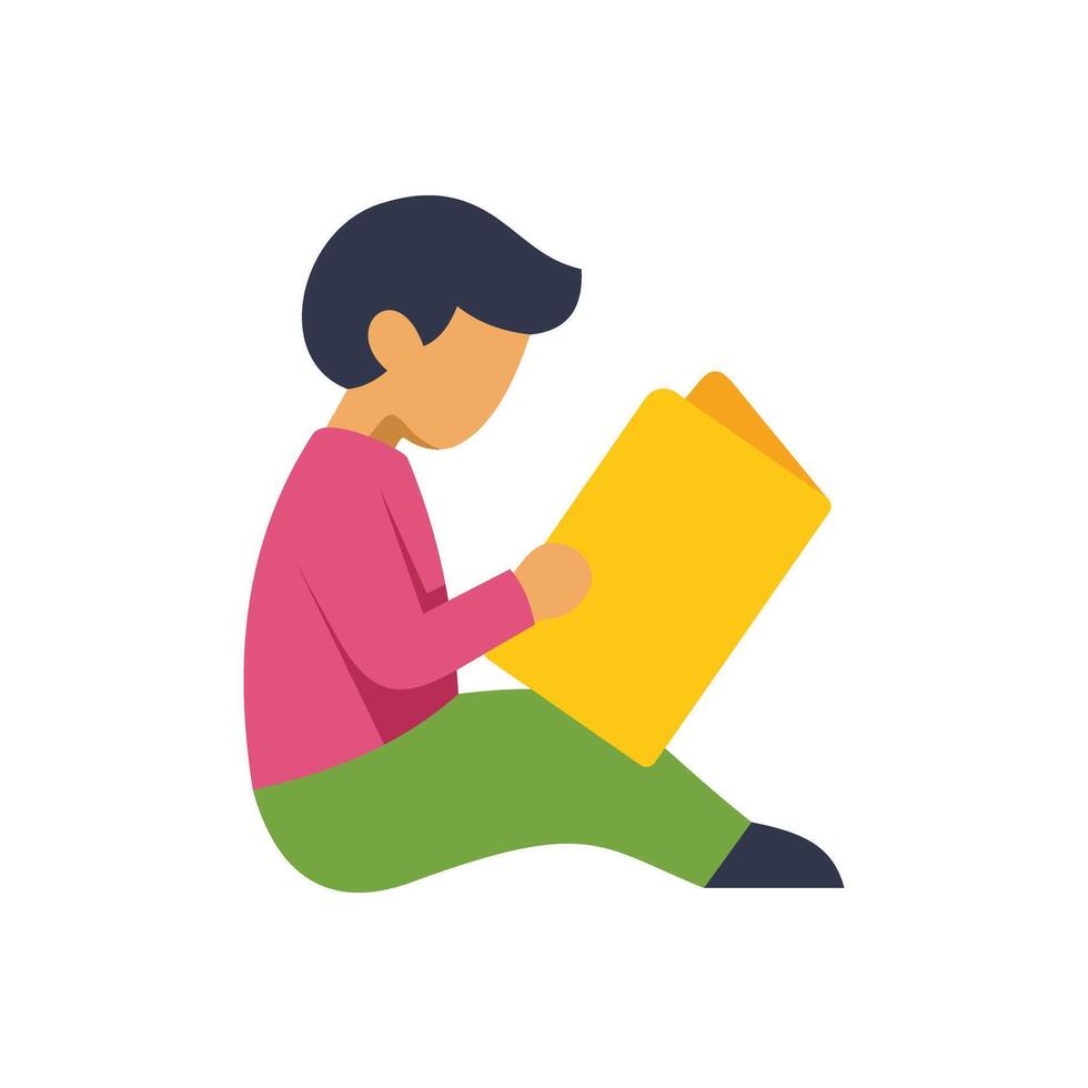 Young boy reading a book while sitting on floor vector