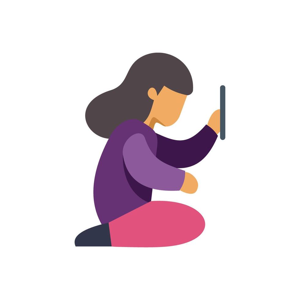 Young woman sitting and using mobile phone, side view flat illustration vector