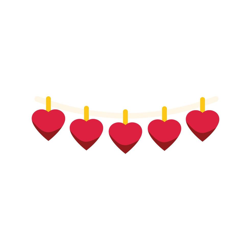Five red hearts hanging on a string representing love and romance vector