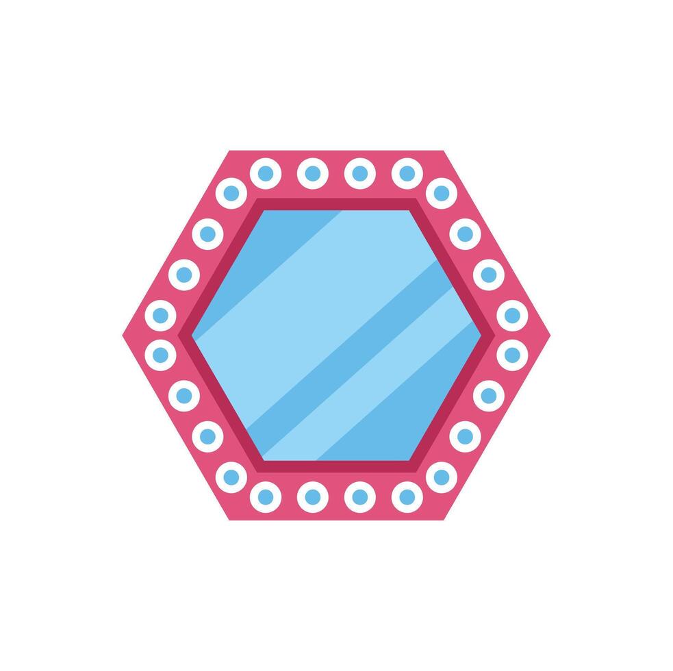Hexagonal pink makeup mirror reflecting light blue background vector