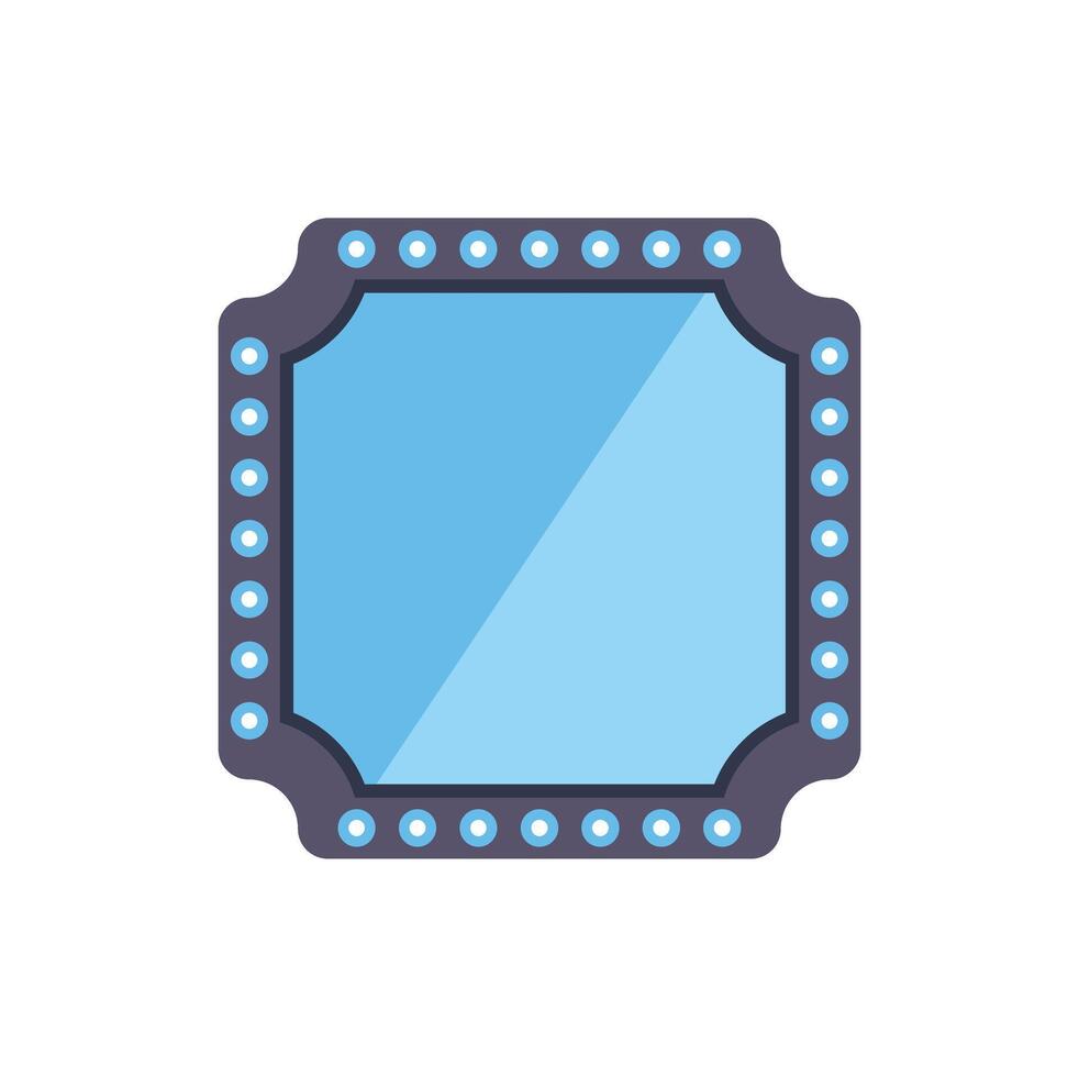 Square makeup mirror with light bulbs reflecting light blue background vector