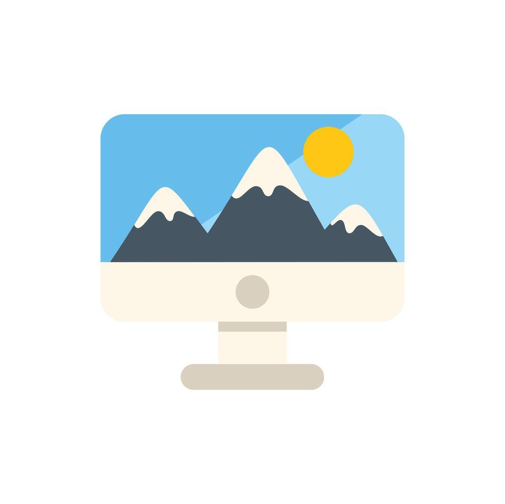 Desktop computer displaying snowy mountain landscape with sun shining vector