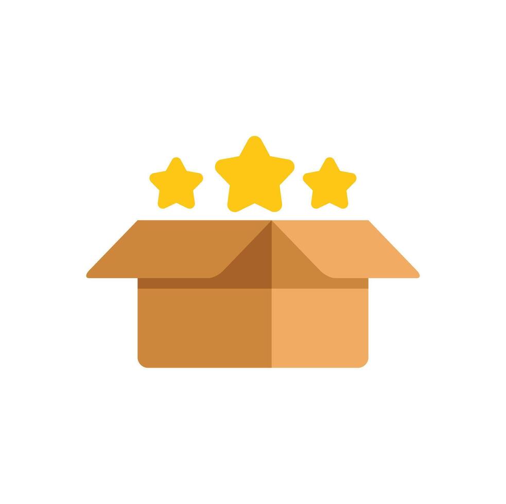 Open cardboard box with three golden rating stars representing product quality and customer satisfaction vector
