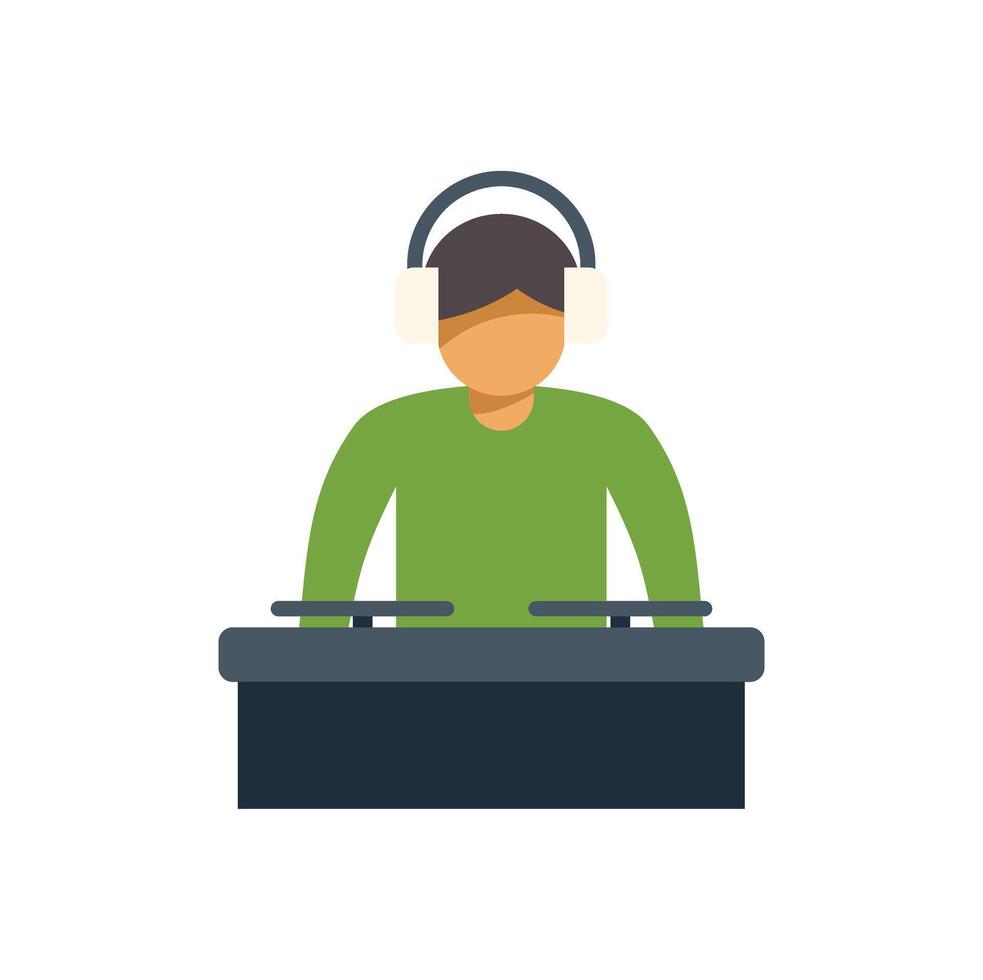 Dj playing and mixing music at console wearing headphones vector