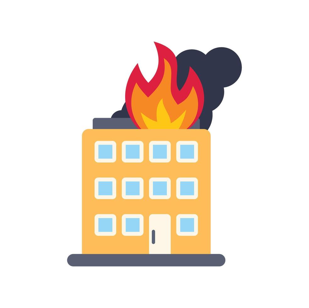 Burning office building with fire and smoke, illustration of a disaster vector