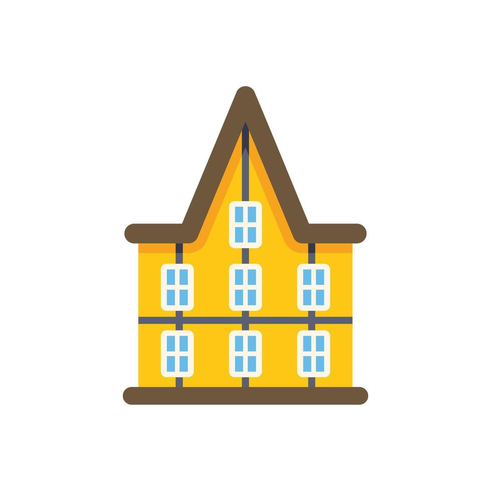 Yellow timbered house with brown roof and multiple windows representing traditional architecture vector