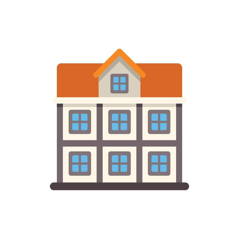 Three story building with orange roof and attic window, flat design illustration vector