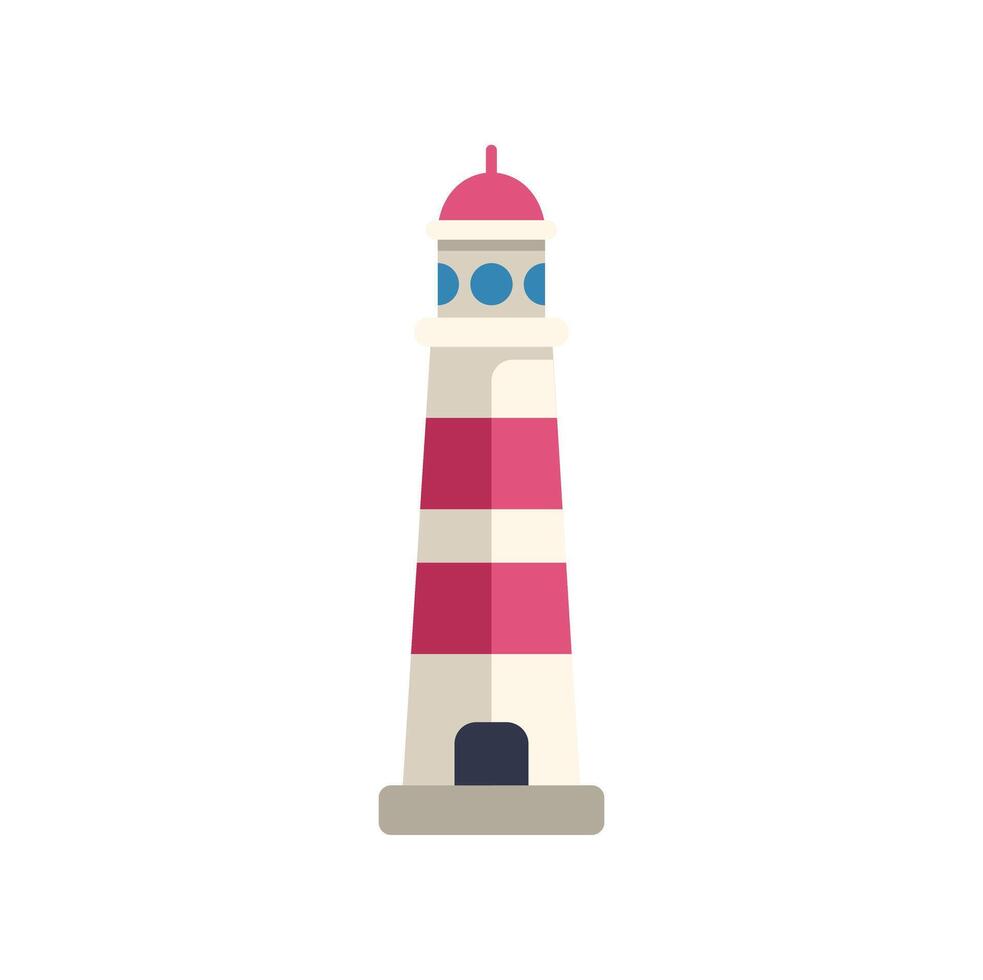 Red and white lighthouse guiding ships at sea with bright light beam vector
