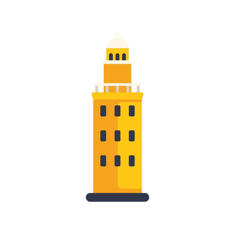 Yellow lighthouse guiding ships with bright light at night vector