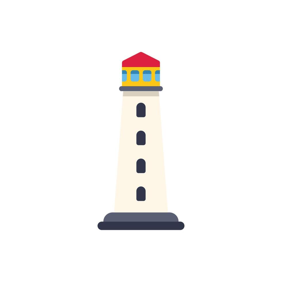 White lighthouse guiding ships with bright light on coastline vector