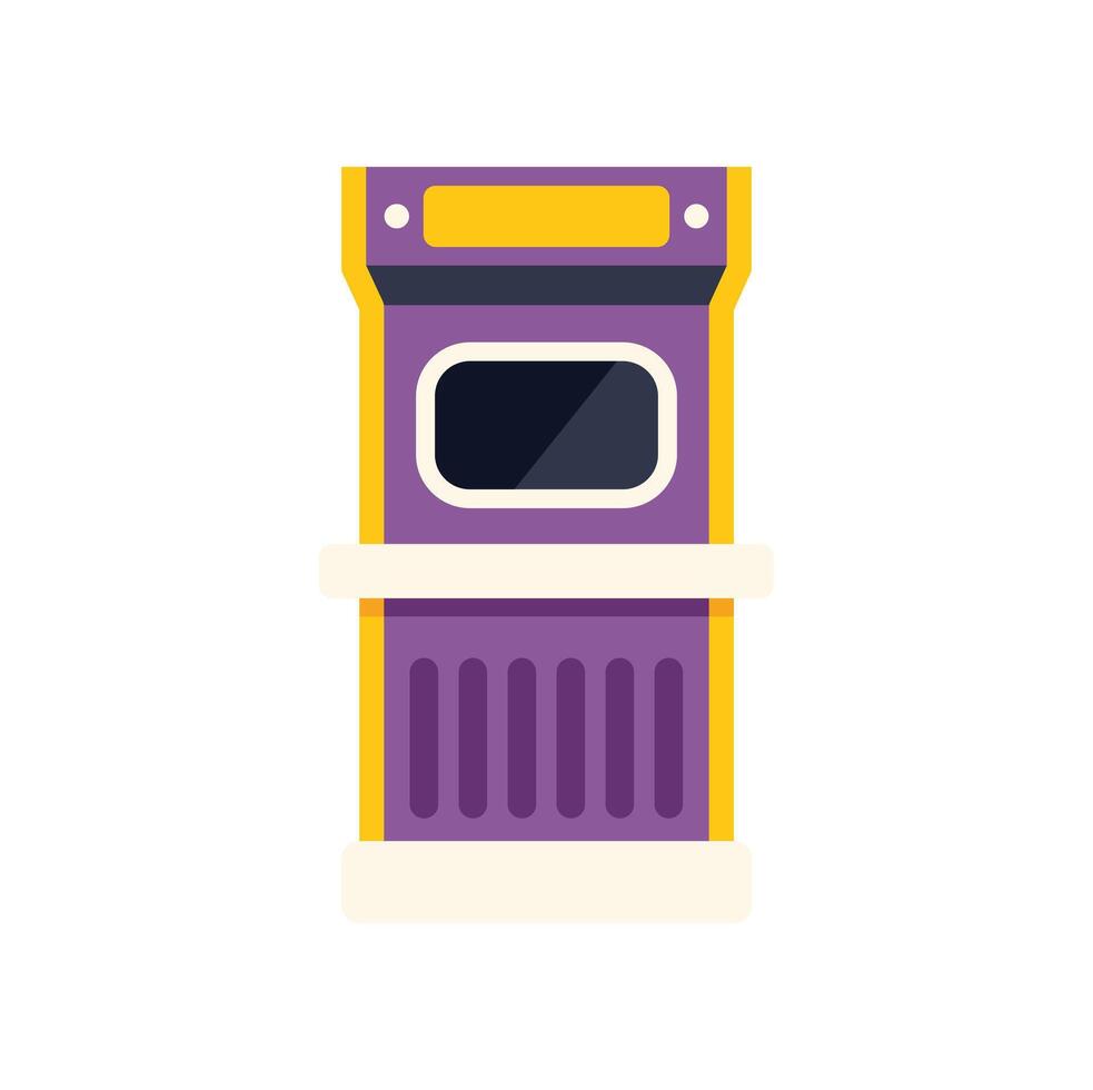 Purple and yellow arcade machine standing on white background vector