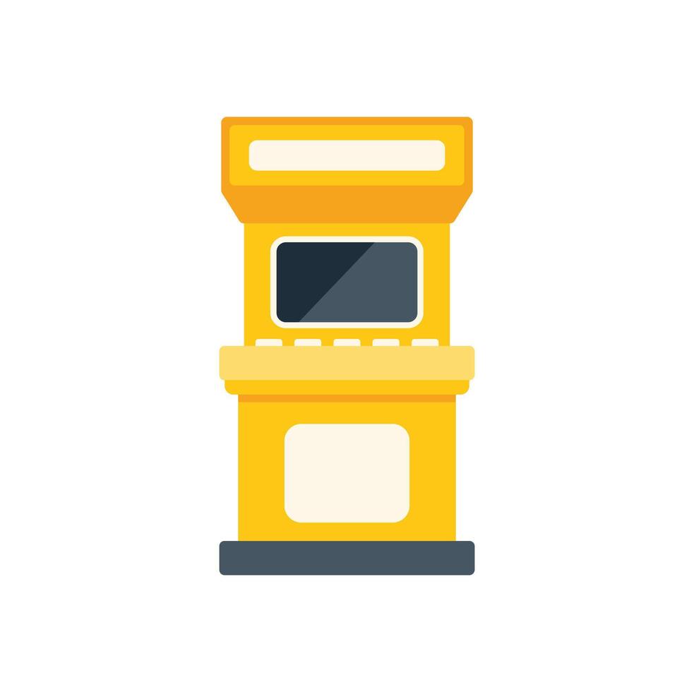 Yellow arcade machine standing on dark base playing videogame vector