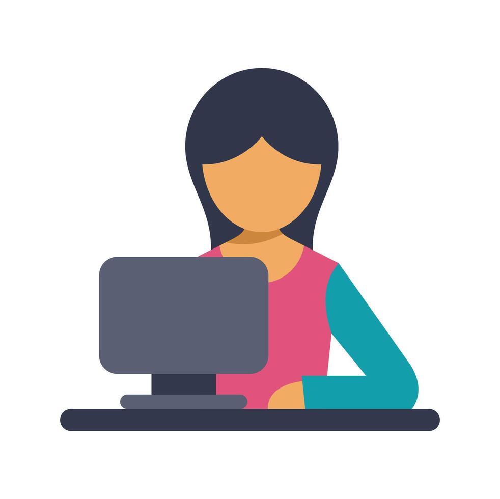 Woman working with a desktop computer, flat design illustration vector
