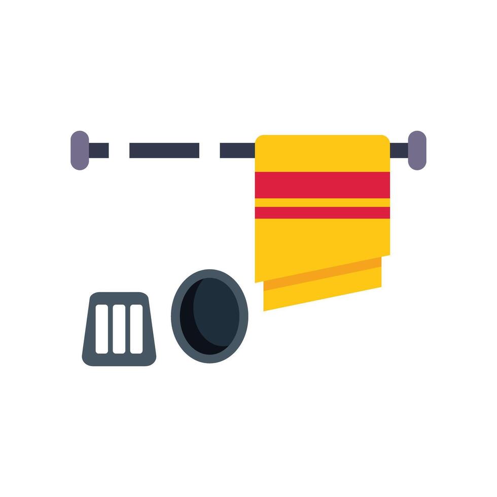 Yellow towel hanging on a towel rail with soap and soap dish, bathroom essentials for everyday hygiene vector