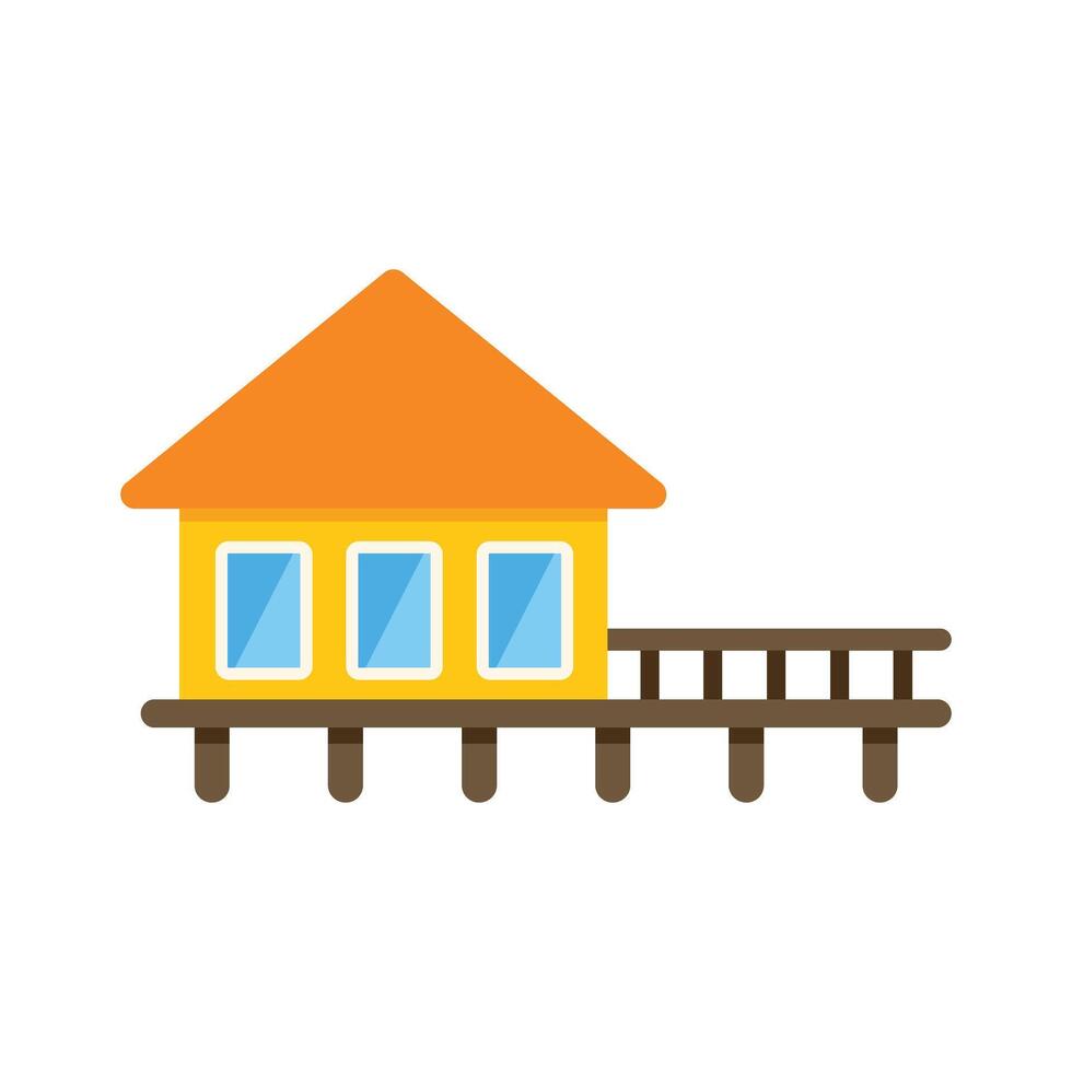 Bungalow on wooden pier with orange roof and blue windows vector