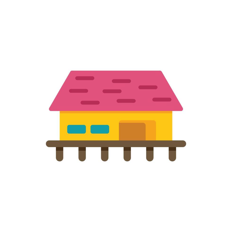 Bungalow house on stilts overlooking tranquil waters flat design vector