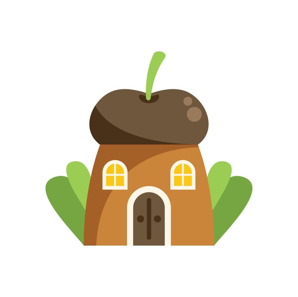 Acorn shaped fantasy house with glowing windows and green bushes vector