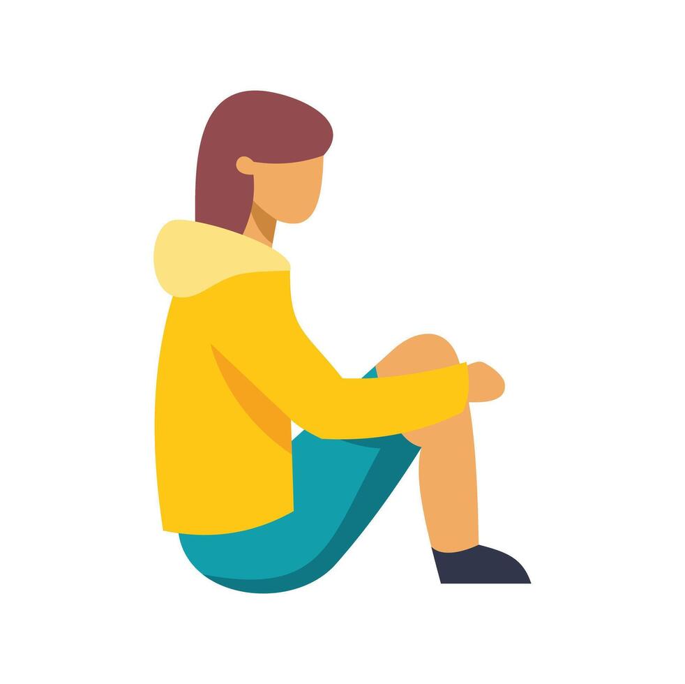 Young woman sitting on the floor hugging knees and looking away vector
