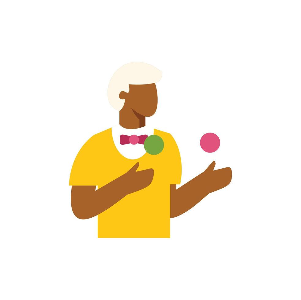 Juggler juggling colorful balls, wearing yellow shirt and bow tie vector