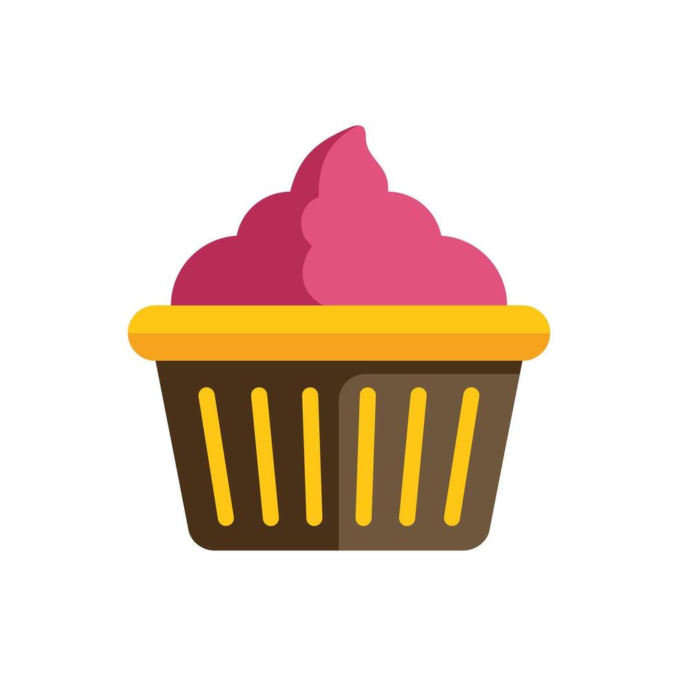 Delicious pink cupcake with chocolate base and yellow frosting swirls vector