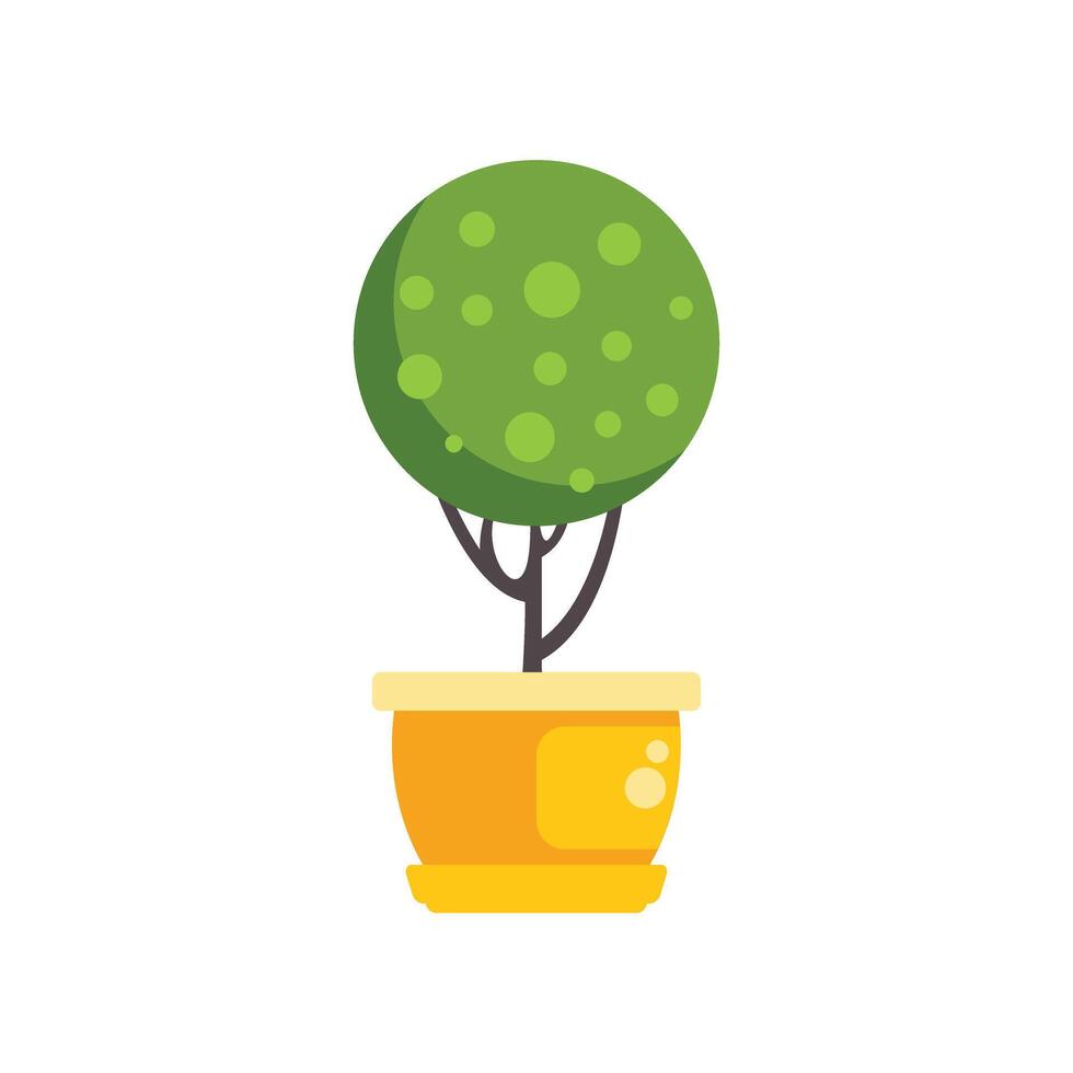 Round decorative tree growing in yellow pot on white background vector