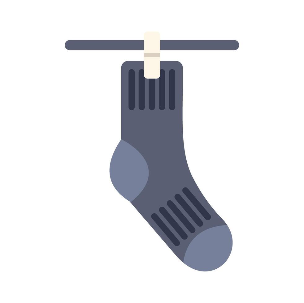 Grey sock hanging on clothesline with clothespin, drying laundry icon vector