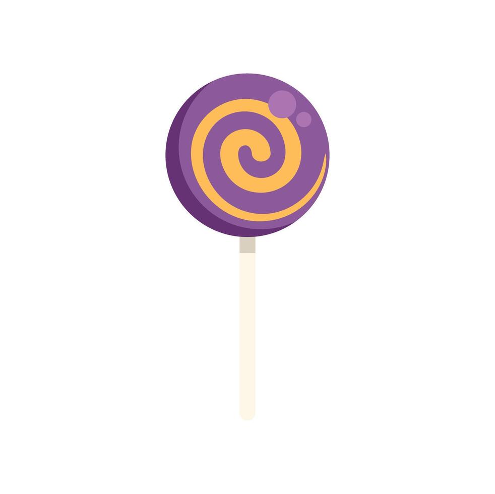 Round purple lollipop with orange swirls on white stick vector