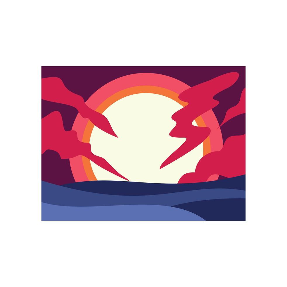 Bright sunset over wavy ocean with red clouds vector