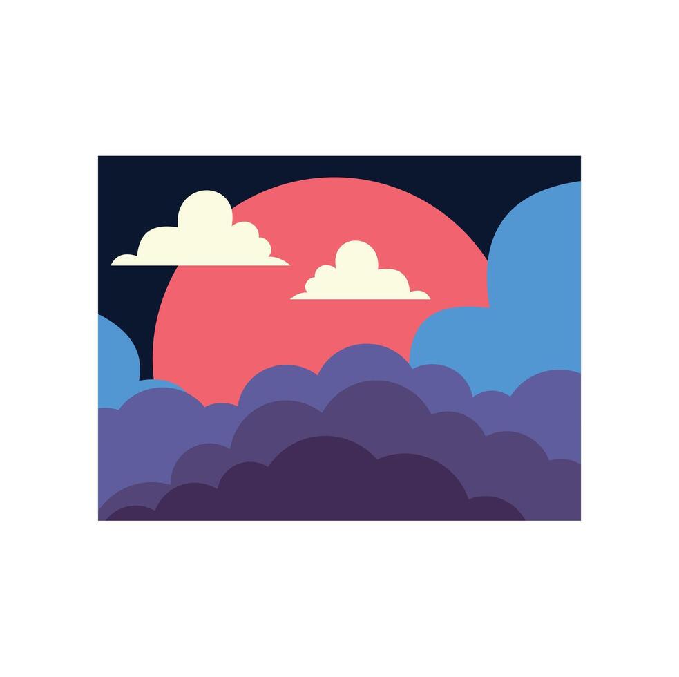 Big red sun shining behind some fluffy clouds over purple hills vector