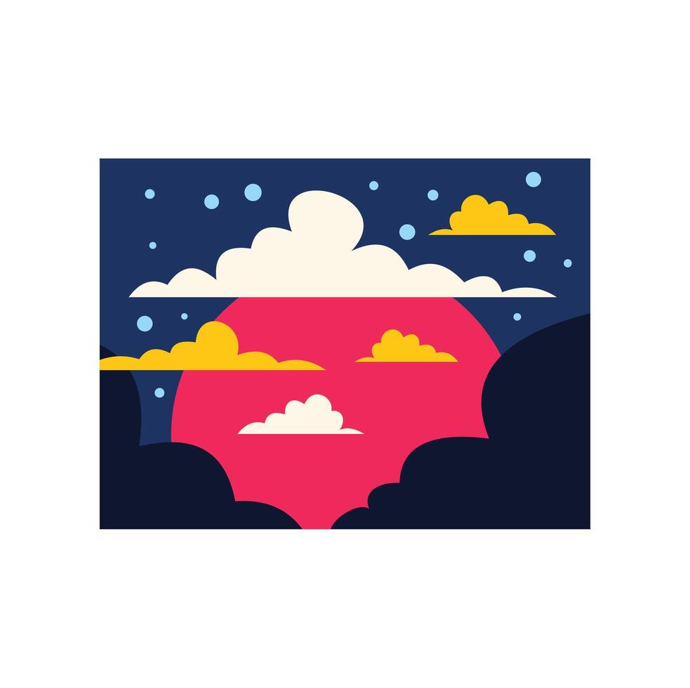 Colorful fantasy sunset with clouds and snow falling on dark blue sky vector