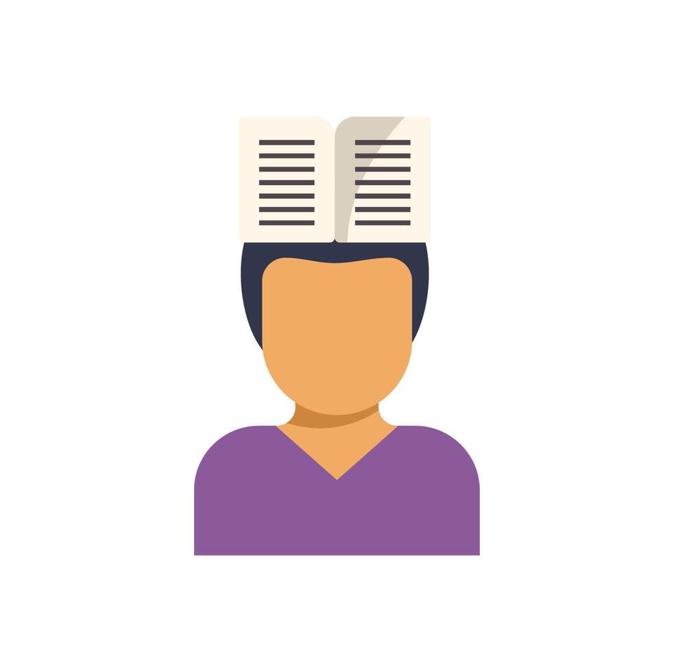 Student studying hard with open book on head, education icon vector