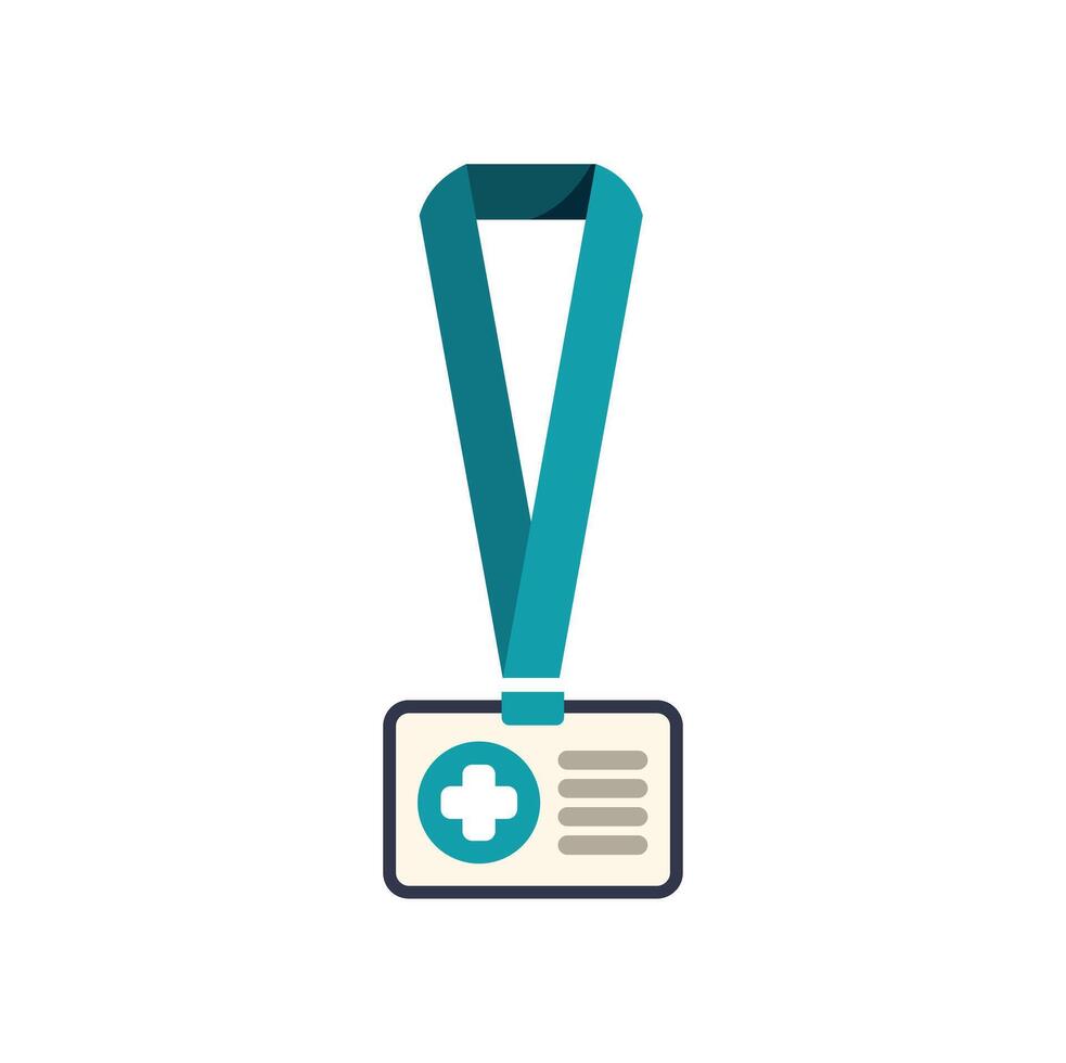 Medical badge hanging with teal lanyard, healthcare identification symbol vector