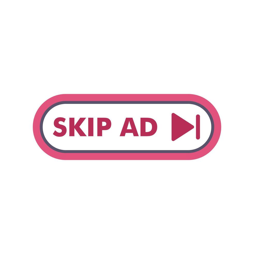 Skip ad button invites viewers to bypass commercials and continue watching vector