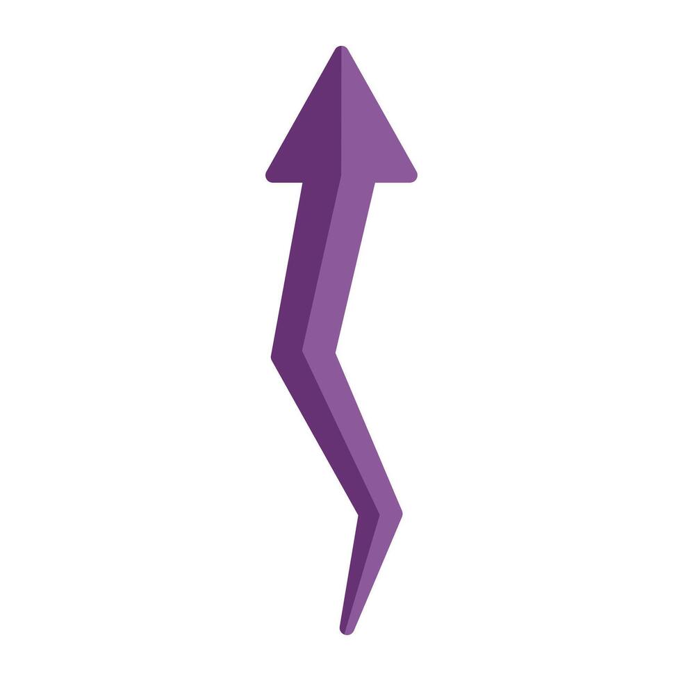 Purple 3d arrow pointing up after a zig zag path symbolizing growth vector