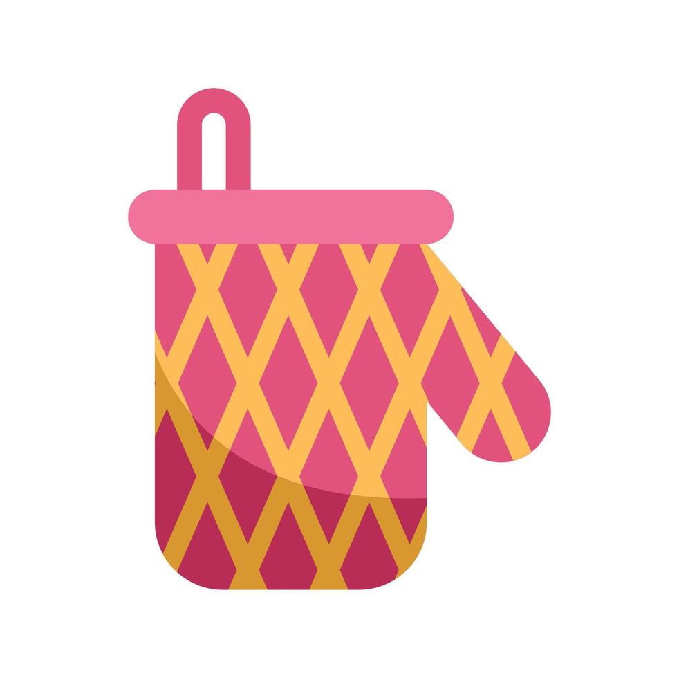 Pink oven mitt with diamond pattern protecting hands while cooking vector