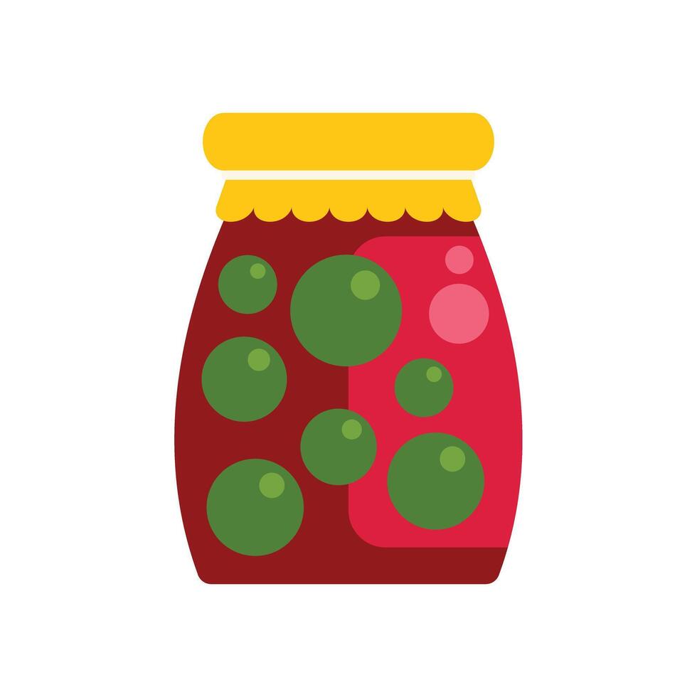 Glass jar preserving green peas, beans or gooseberries in red syrup vector